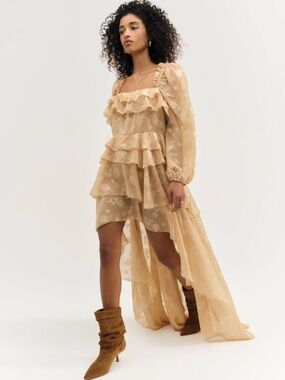 NWT Colette Satin Burnout Ruffle High-Low Maxi Dress XS / FL&L